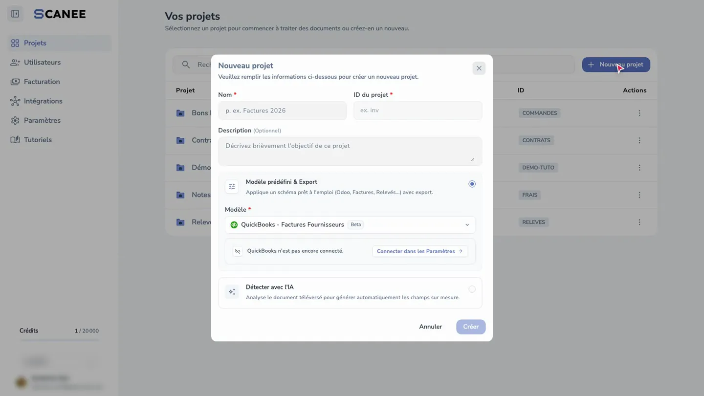 Ouvrir la création de projet