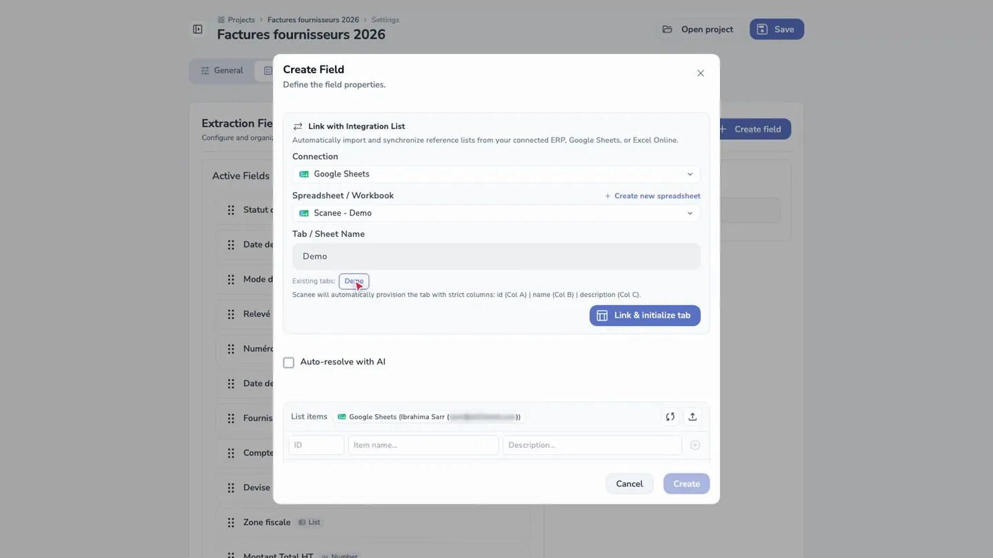 Link the field to Google Sheets