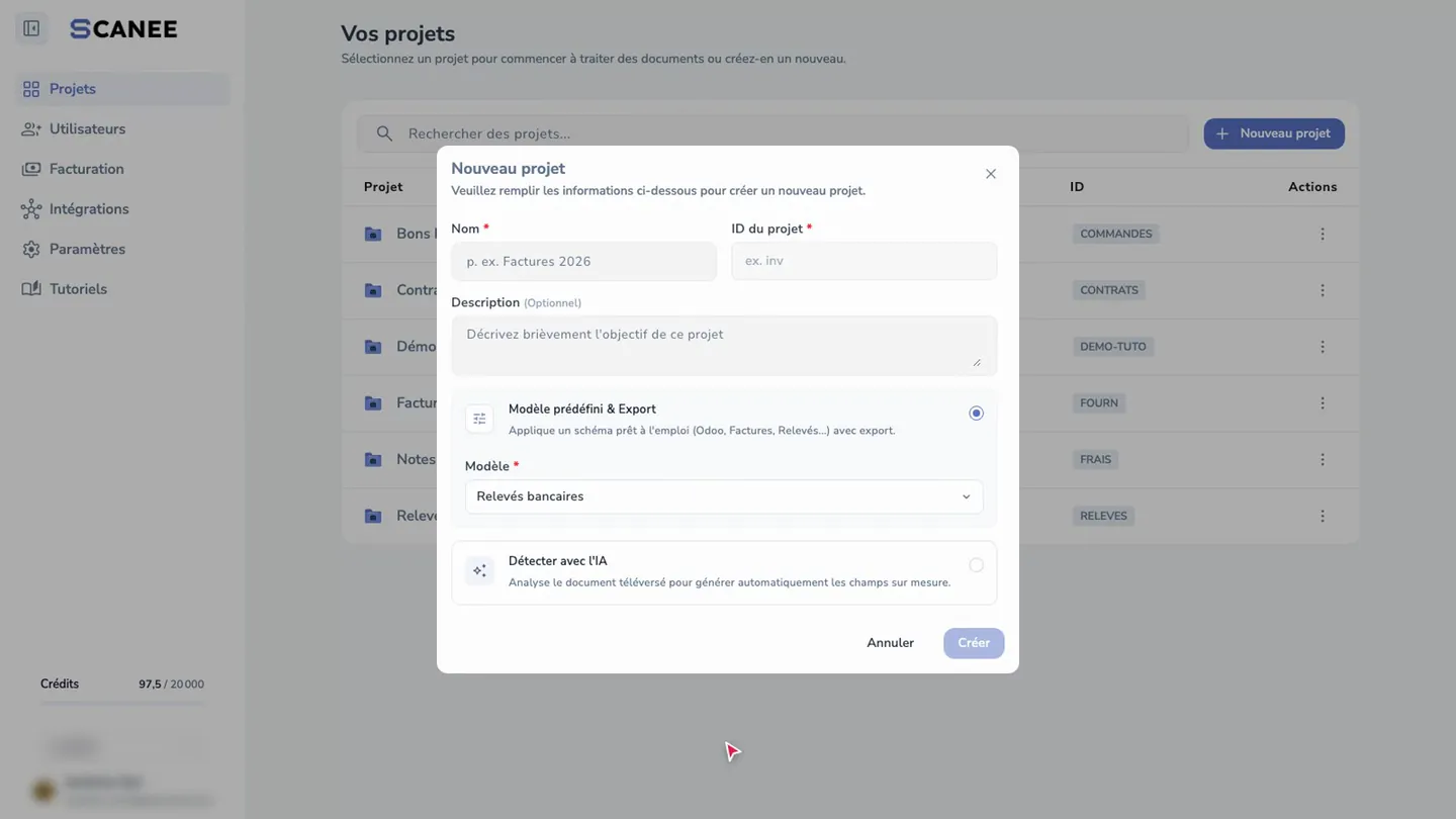 Créer un projet Relevés bancaires